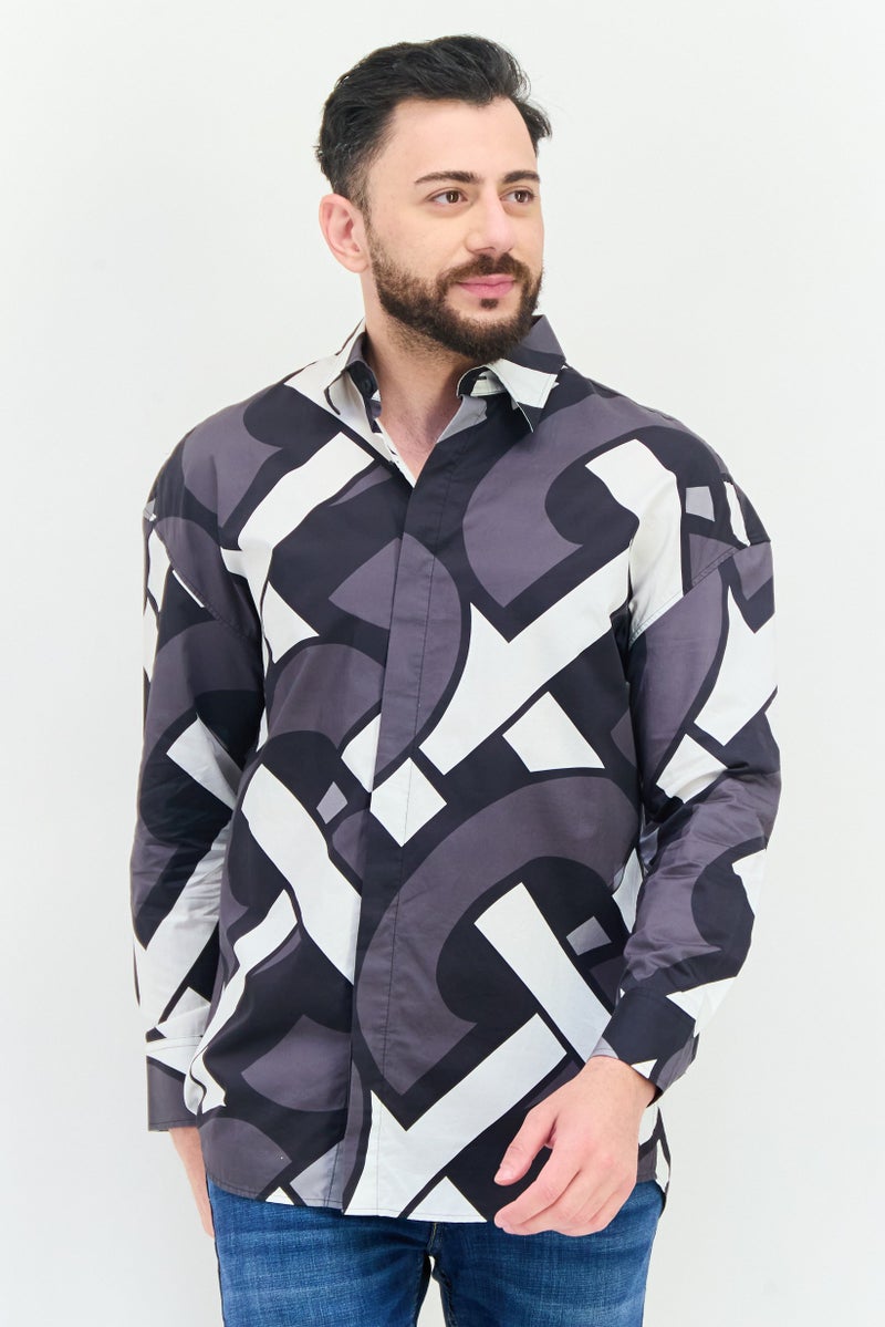 Selected Homme Men Oversize Fit Abstract Print Long Sleeves Casual Shirt, Multicolor  - Image 1