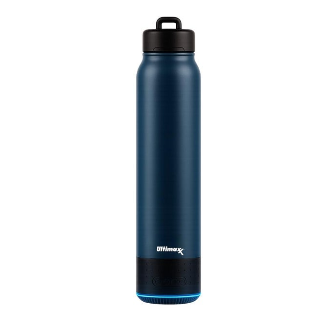 VACUUM INSULATED PREMIUM WATER BOTTLE WITH BLUETOOTH SPEAKER STEEL DOUBLE WALL DESIGN LIGHTS LID LOCK CONVENIENT DRINKING SPOUT CARRY HANDLE 700ML236 OZ BLUE
