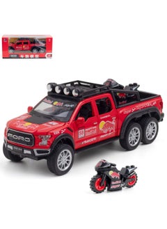 Swift 1:28 Scale Die-Cast Metal Toy Car Ford F150 with Sound and Light, Pickup Truck and Trailer Cars Toy Cars with Sports Bike for 3+ Year Old Boys, Red  - Image 1