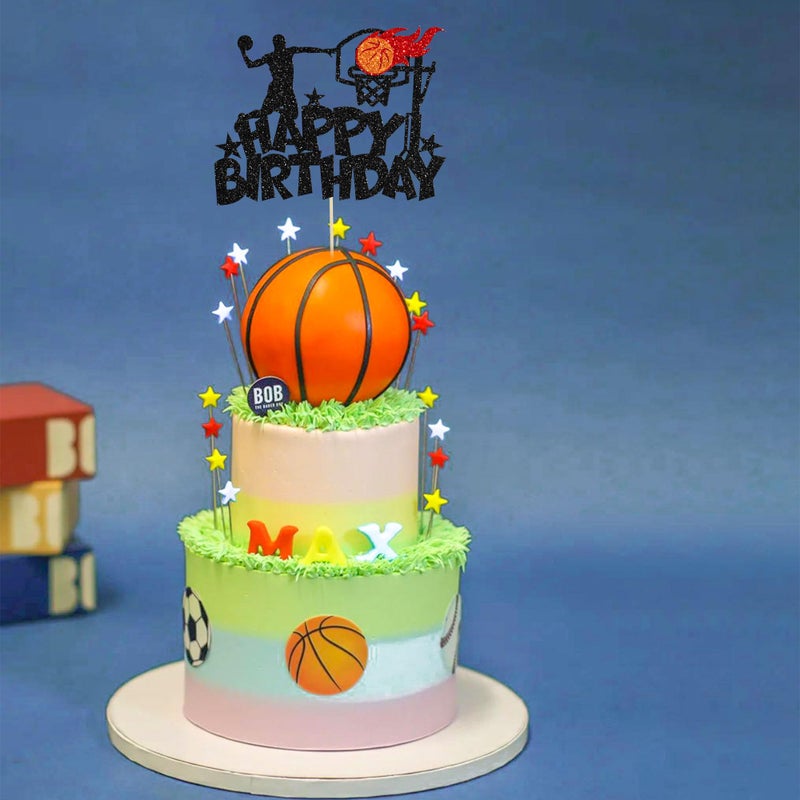 Ephlyn 1Pc Basketball Happy Birthday Cake Topper Glitter Basketball Sports Theme Birthday Cake Pick for Basketball Theme Baby Shower Birthday Party Cake Decorations Supplies - Image 5