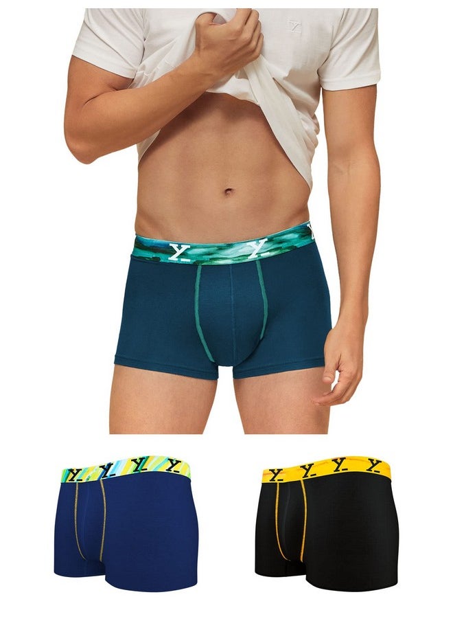 XYXX XYXX Men's Underwear Dynamo IntelliSoft Antimicrobial Micro Modal Trunk Pack of 3 (Coral DEEP SEA Blue;Splash Blue;Helios Black; M)  - Image 1