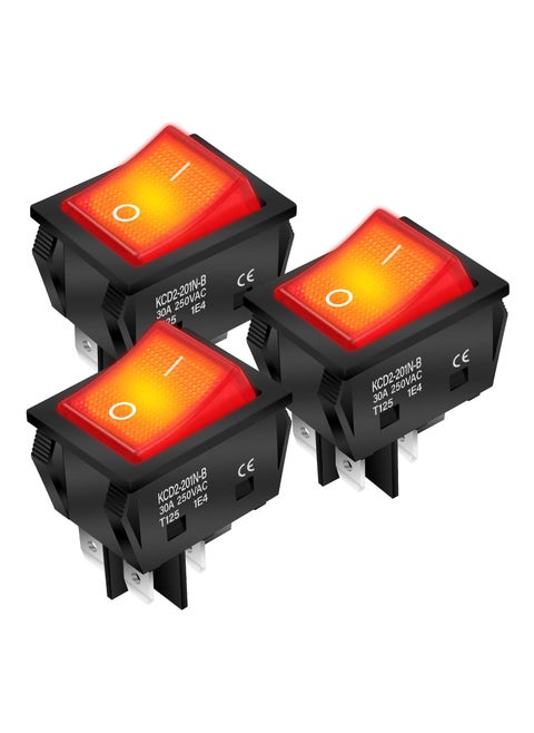 30A 250V KCD2 KCD4 Rocker Switch DPST 4 Pin Red Lighted 120V Rocker Toggle Switch ON Off Heavy Duty T125-3Pack