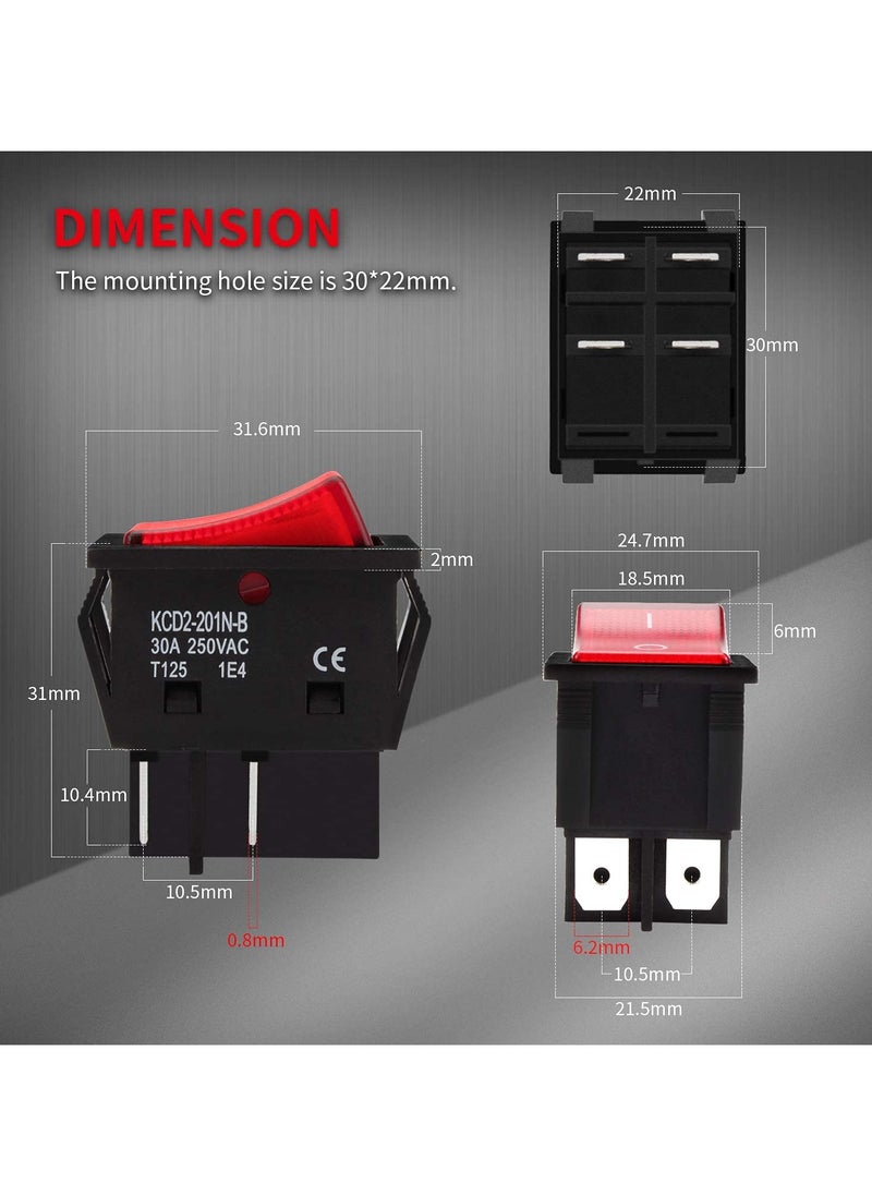 SANMUGEED - 30A 250V KCD2 KCD4 Rocker Switch DPST 4 Pin Red Lighted 120V Rocker Toggle Switch ON Off Heavy Duty T125-3Pack - Image 1