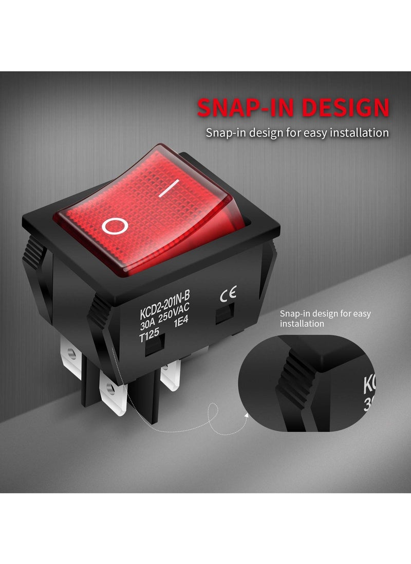 SANMUGEED - 30A 250V KCD2 KCD4 Rocker Switch DPST 4 Pin Red Lighted 120V Rocker Toggle Switch ON Off Heavy Duty T125-3Pack - Image 1