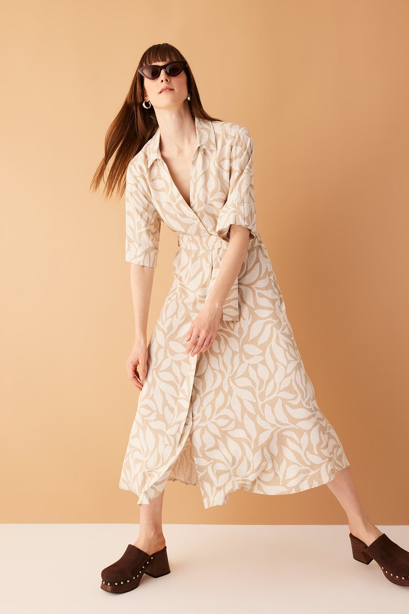 DeFacto Beige Woman Shirt Collar Patterned Short Sleeve Linen Blend Midi Dress Casual - Image 1