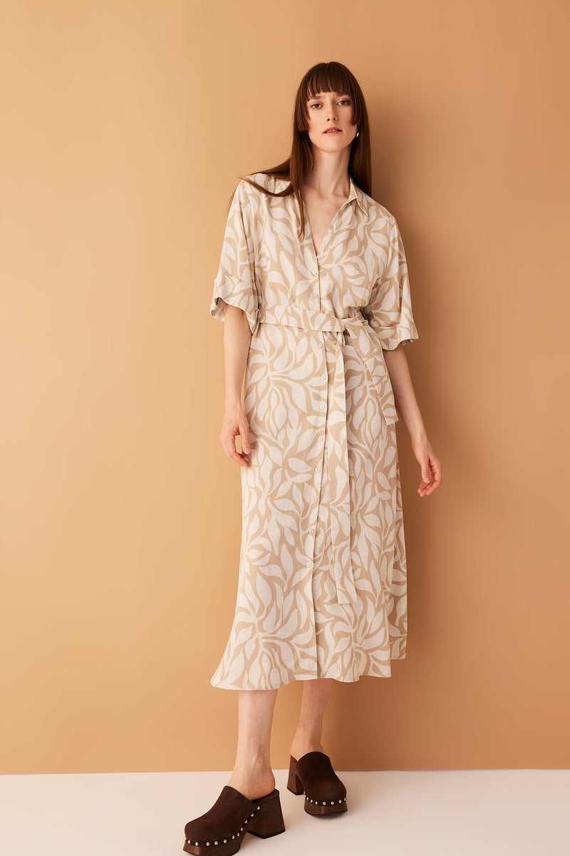 DeFacto Beige Woman Shirt Collar Patterned Short Sleeve Linen Blend Midi Dress Casual - Image 3