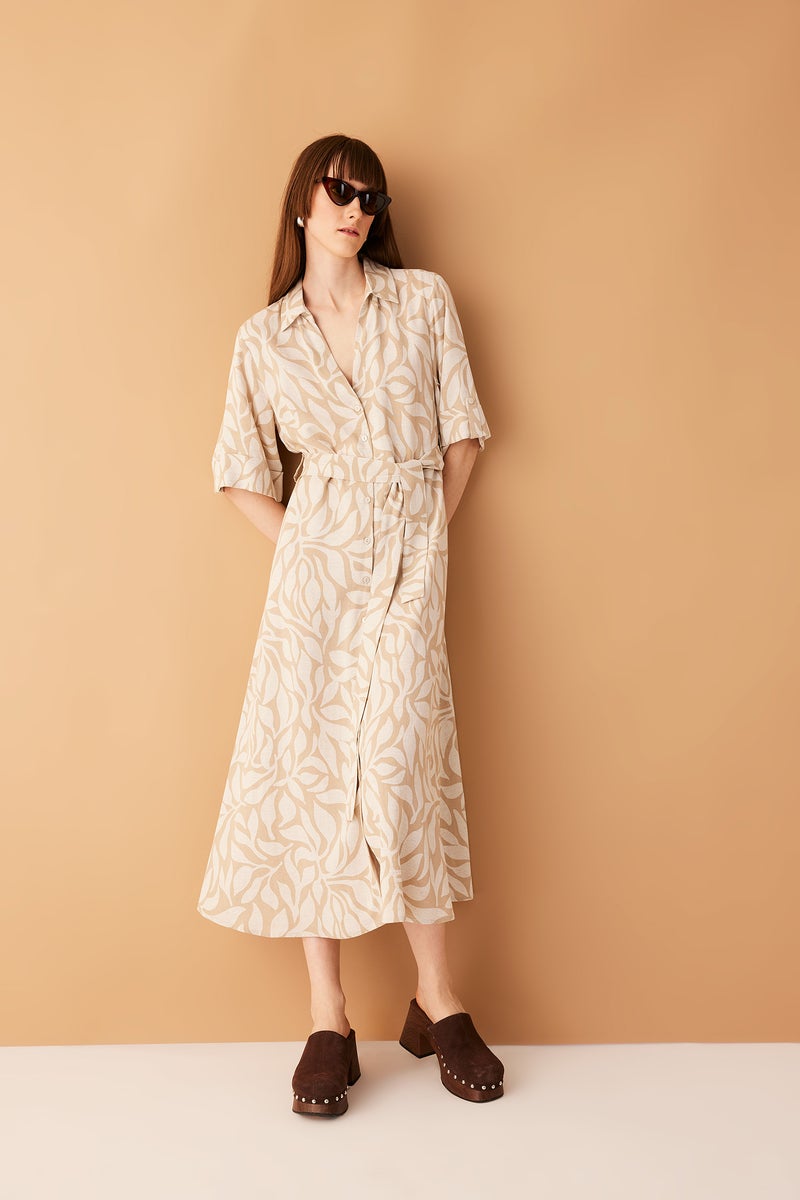 DeFacto Beige Woman Shirt Collar Patterned Short Sleeve Linen Blend Midi Dress Casual - Image 2