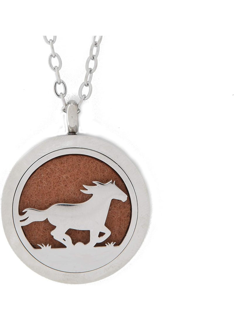 Simply Essential Solutions Aromatherapy Essential Oil Diffuser Stainless Steel 30MM Silver Magnetic Locket Pendant 2 Sizes Chain Necklace, Refill Pads & Diffuser Bracelet in a Velvet Bag (horse2) 