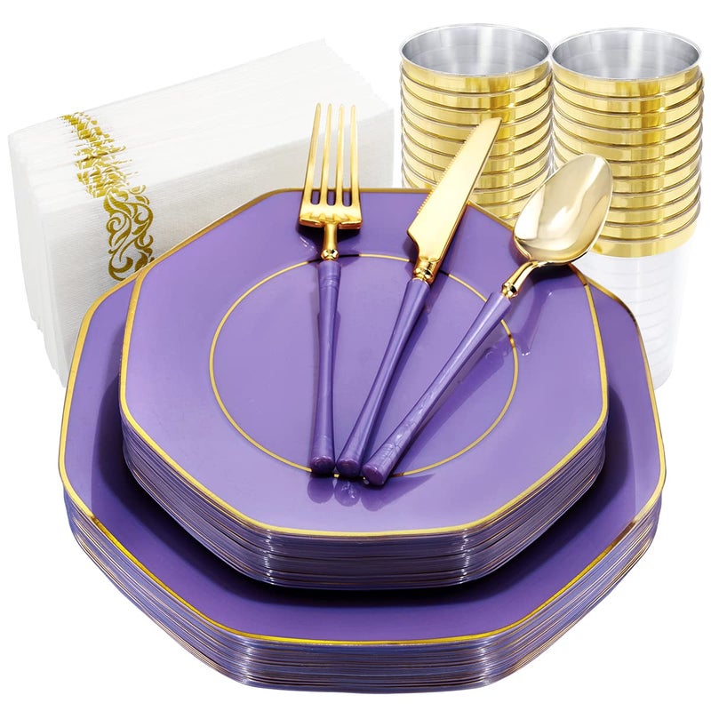 KIRE 140Pcs Purple Plastic Plates with Gold Rim Gold Disposable Plastic Silverware with HandleClear CupsHand Napkin Geometric Purple Plastic Plates for Parties  Mothers Day  Mardi Gras plates
