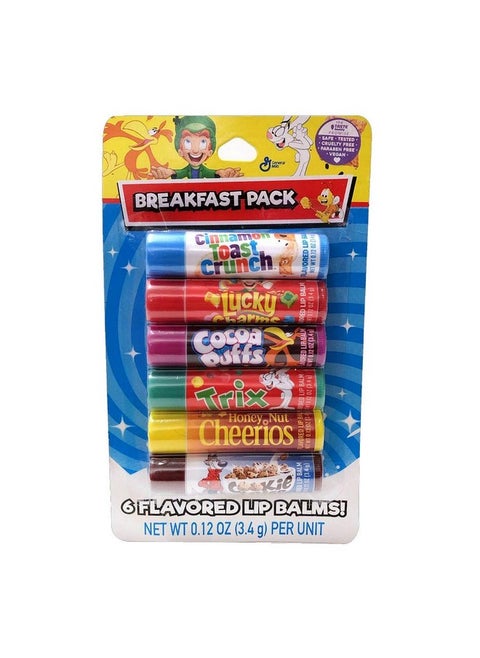 (1) Pack Breakfast Cereal Flavored 6Pc Lip Balm Sticks Cinnamon Toast Crunch Lucky Charms Cocoa Puffs Trix Honey Nut Cheerios Cookie Crisp Cruelty Free Vegan Net Wt. 0.12Oz Ea