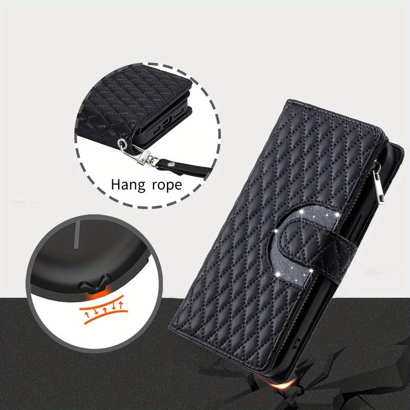 Black Glitter Plaid Wallet Case Phone Cover With Card Holder For Redmi Note 13 5G - Image 4