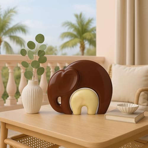 SRJANA Home Décor Lucky Charm Elephant Mother & Child | Piano Finish Ceramic Figures - (Set of 2 Piece, Brown and Cream) - Image 2