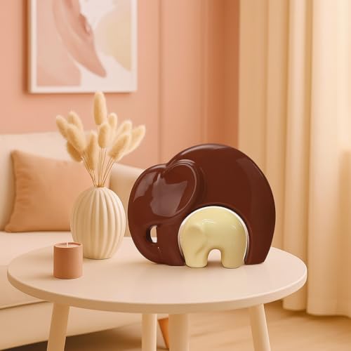 SRJANA Home Décor Lucky Charm Elephant Mother & Child | Piano Finish Ceramic Figures - (Set of 2 Piece, Brown and Cream) - Image 1