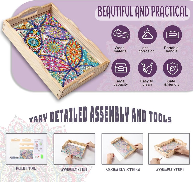EWJRNSF Diamond Painting Wooden Serving Trays Wooden Tray with Handles - Great for Dinner Trays Tea Tray Breakfast Tray or Any Food Tray - Good for Parties or Bed Food Tray - 7.8x11.8inch - Image 3