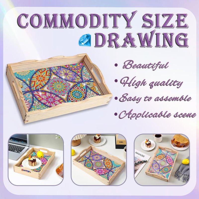 EWJRNSF Diamond Painting Wooden Serving Trays Wooden Tray with Handles - Great for Dinner Trays Tea Tray Breakfast Tray or Any Food Tray - Good for Parties or Bed Food Tray - 7.8x11.8inch - Image 4