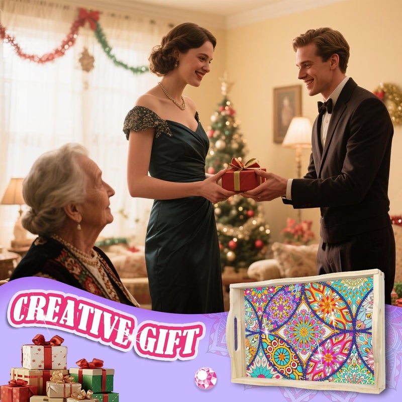 EWJRNSF Diamond Painting Wooden Serving Trays Wooden Tray with Handles - Great for Dinner Trays Tea Tray Breakfast Tray or Any Food Tray - Good for Parties or Bed Food Tray - 7.8x11.8inch - Image 5