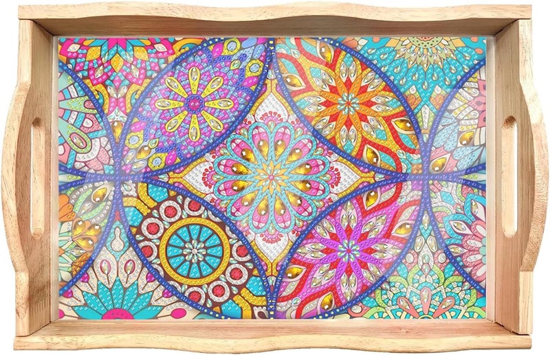 EWJRNSF Diamond Painting Wooden Serving Trays Wooden Tray with Handles - Great for Dinner Trays Tea Tray Breakfast Tray or Any Food Tray - Good for Parties or Bed Food Tray - 7.8x11.8inch - Image 1