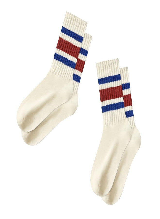 زاندو جوارب نسائية بيضاء مخططة من زاندو - جوارب قطنية رياضية متوسطة الطول بتصميم كلاسيكي - لون أزرق وأحمر - Image 1
