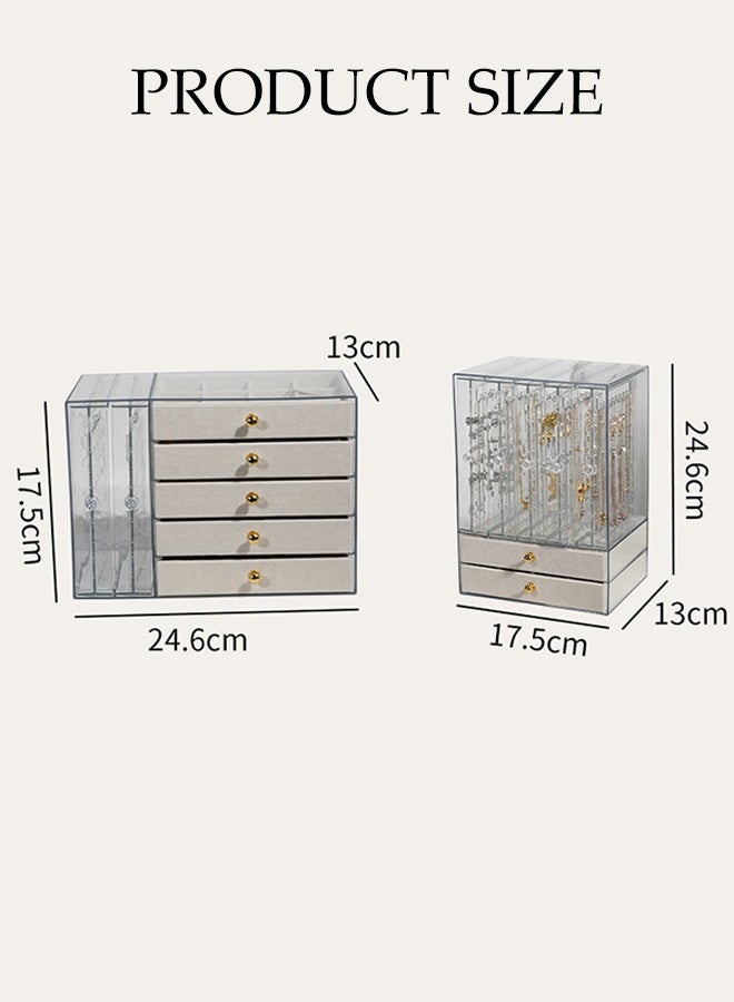 DUNISO Acrylic Jewelry Organizer Box，Clear Multi-functional Jewelry Organizer with 5 Drawers & 2 Earring Holder，Dustproof Jewelry Storage Display Case，for Jewelry Storage and Display Gift，Off White - Image 2