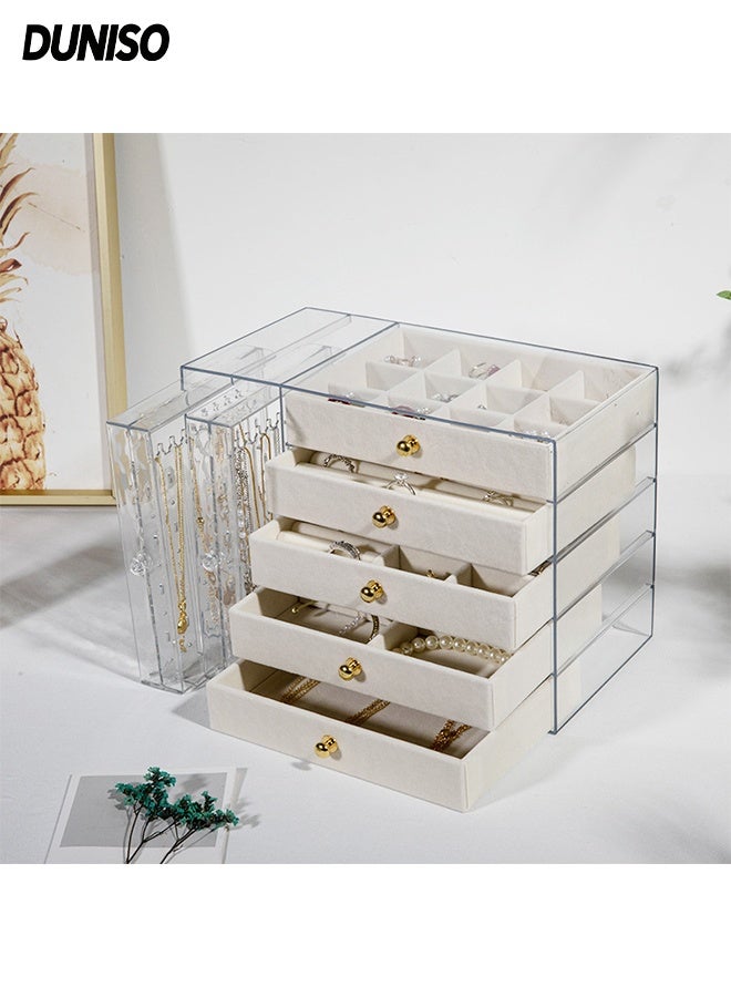 DUNISO Acrylic Jewelry Organizer Box，Clear Multi-functional Jewelry Organizer with 5 Drawers & 2 Earring Holder，Dustproof Jewelry Storage Display Case，for Jewelry Storage and Display Gift，Off White - Image 1