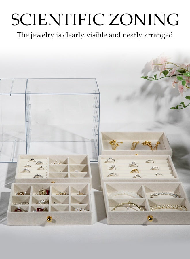 DUNISO Acrylic Jewelry Organizer Box，Clear Multi-functional Jewelry Organizer with 5 Drawers & 2 Earring Holder，Dustproof Jewelry Storage Display Case，for Jewelry Storage and Display Gift，Off White - Image 4