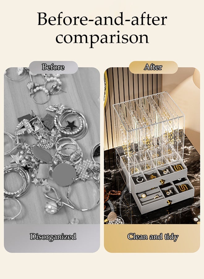 DUNISO Acrylic Jewelry Organizer Box，Clear Multi-functional Jewelry Organizer with 5 Drawers & 2 Earring Holder，Dustproof Jewelry Storage Display Case，for Jewelry Storage and Display Gift，Off White - Image 3