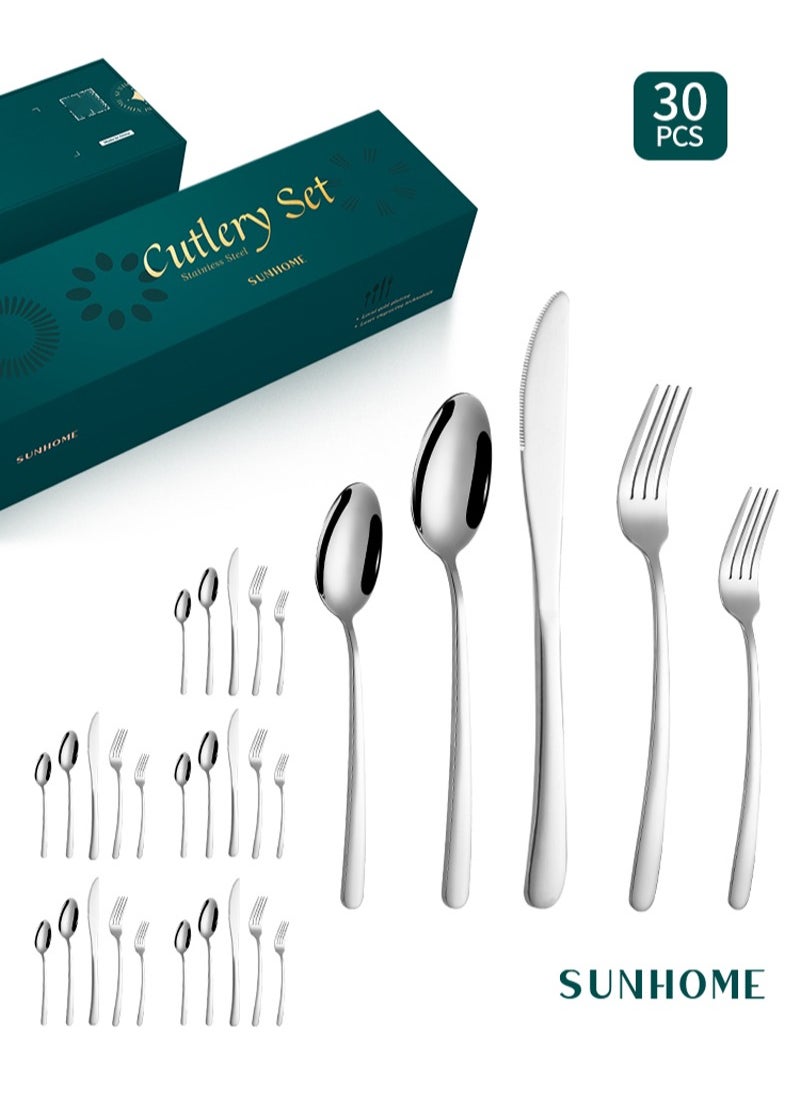 Sunhome SUNHOME 30-Piece Stainless Steel Cutlery Set Kitchen Utensil Set Western Tableware Suitable For Home Kitchen Restaurant Hotel Party Dining Picnic Dining Exquisite Packaging Gift Silver  - Image 1
