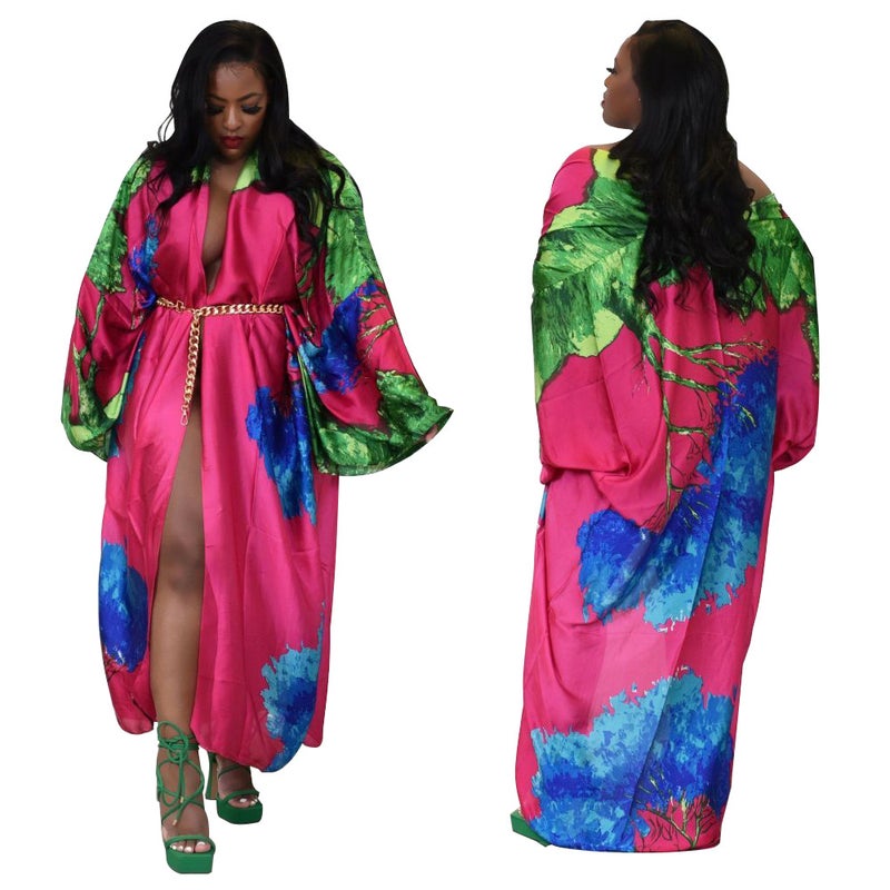K10173 Euro-American Fashion Silk-like Printed Kimono Wrap Coat Rose Red