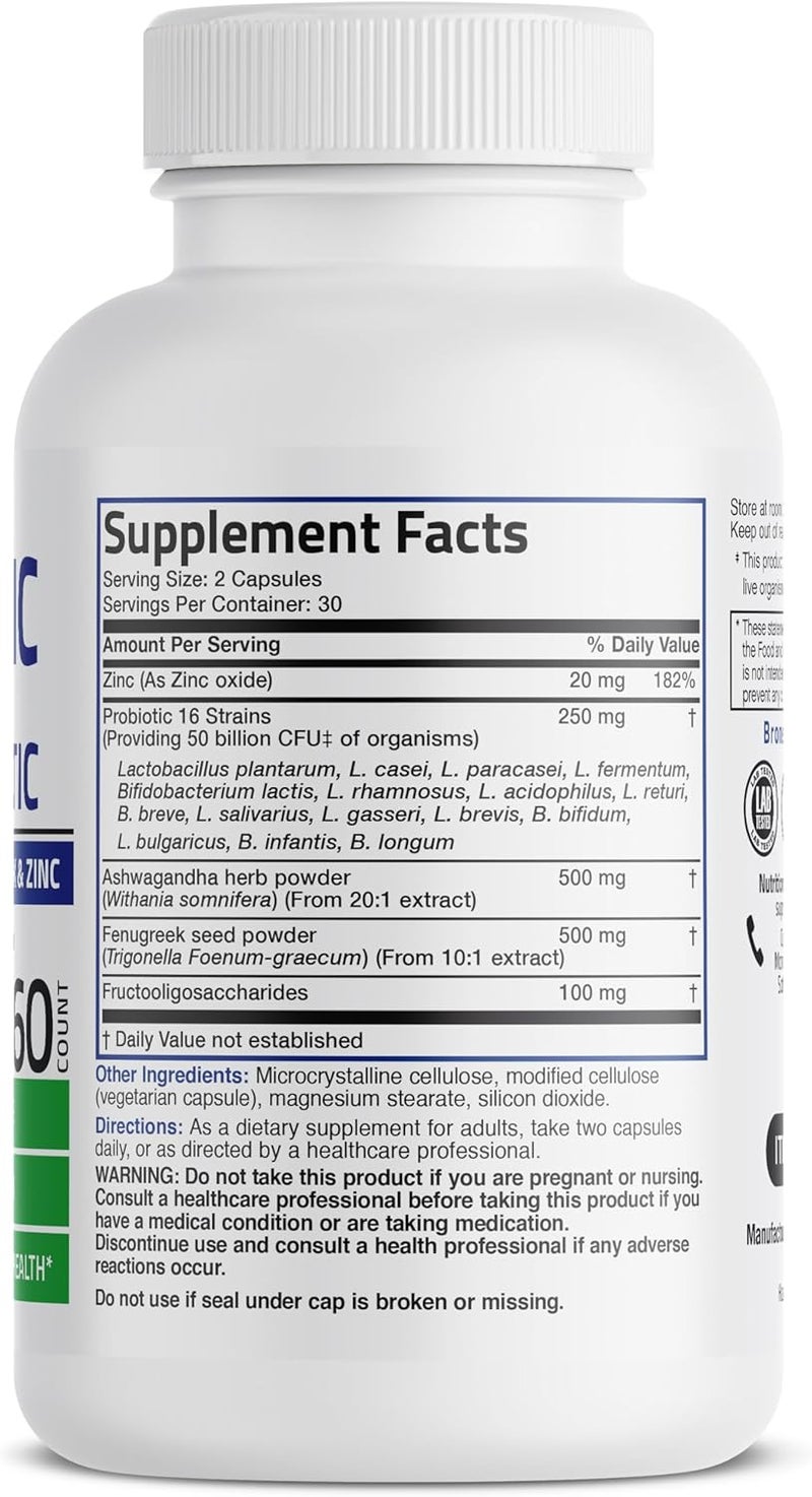 Bronson بروانسون بروبيوتيك للرجال 50 مليار CFU مع بريبيوتيك وأشواغاندا وحلبة وزنك يدعم الهضم الصحي ووظيفة المناعة غير معدلة وراثيًا 60 كبسولة نباتية - Image 2