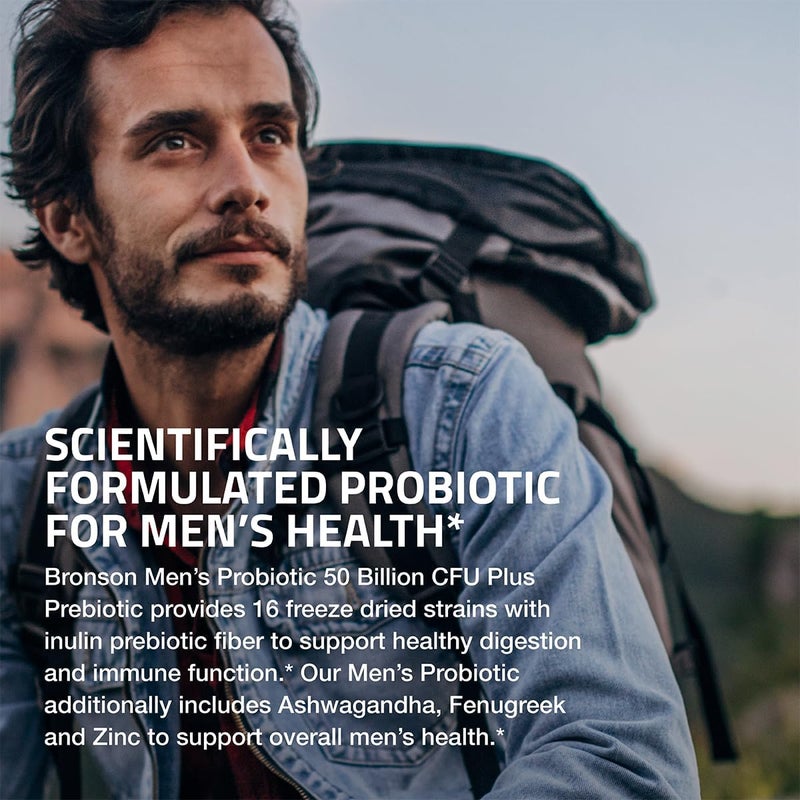 Bronson بروانسون بروبيوتيك للرجال 50 مليار CFU مع بريبيوتيك وأشواغاندا وحلبة وزنك يدعم الهضم الصحي ووظيفة المناعة غير معدلة وراثيًا 60 كبسولة نباتية - Image 3