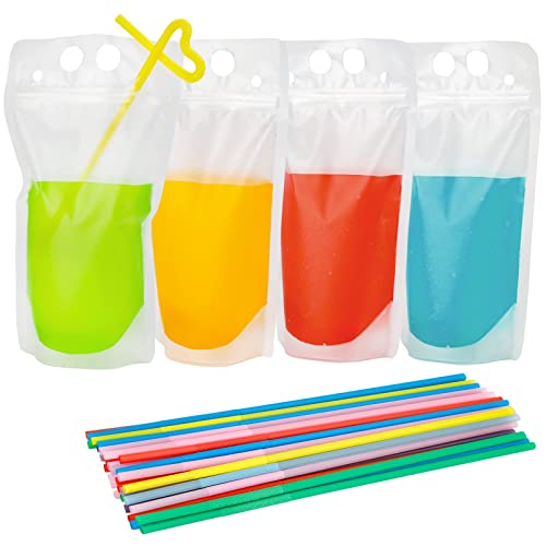 Tomnk 200PCS Drink Pouches with 200 Straws, Juice Smoothie Hand-held Translucent Reusable Plastic Smoothie Drink Pouches - Image 1