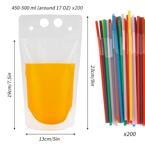 Tomnk 200PCS Drink Pouches with 200 Straws, Juice Smoothie Hand-held Translucent Reusable Plastic Smoothie Drink Pouches - Image 2