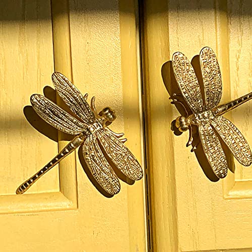 JUXYES Pack of 4 Brass Dragonfly Cabinet Knobs, Golden Tone Cupboard Door Knobs Decorative Dresser Drawer Handle Knobs for Dresser Drawer Cabinet Closet - Image 3