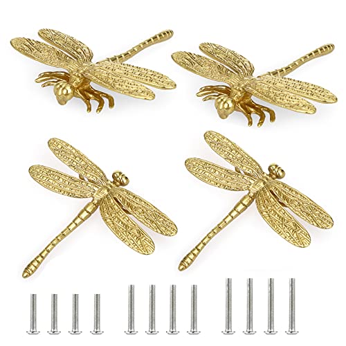 JUXYES Pack of 4 Brass Dragonfly Cabinet Knobs, Golden Tone Cupboard Door Knobs Decorative Dresser Drawer Handle Knobs for Dresser Drawer Cabinet Closet - Image 1