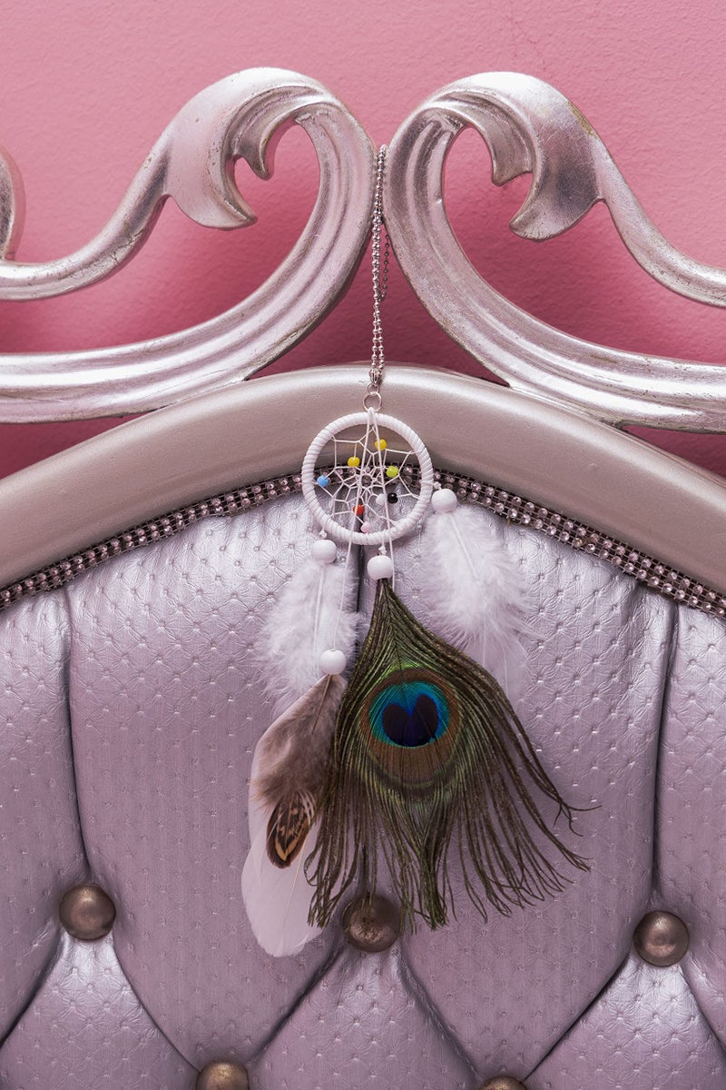 Dream catcher with peacock feather - White & Green color