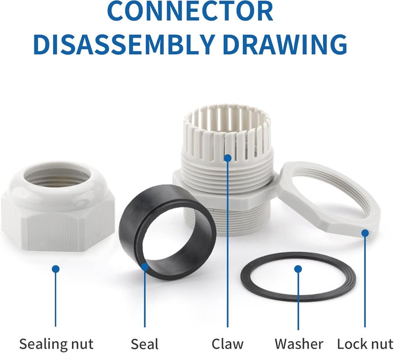 LISTENJIALE Cable Gland, 50PCS PG7,PG9,PG11,PG13.5,PG16,PG19 Waterproof Adjustable 3-16mm Cable Connectors,Plastic Cable Gland Joints with Gaskets in PP Box(White) - Image 3
