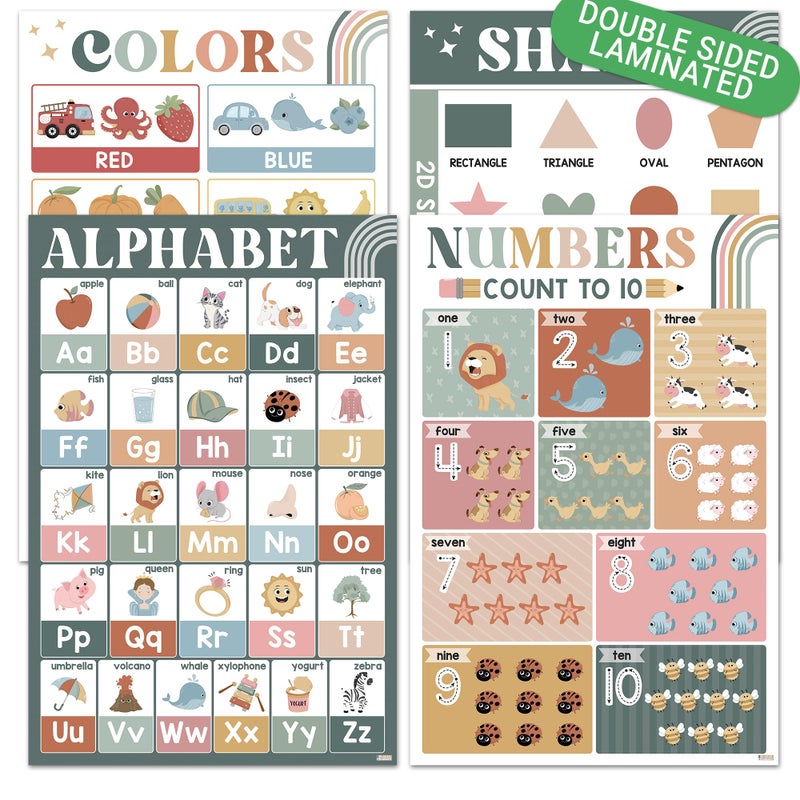 BEAWART ABC Alphabet Poster 16x24 Modern Boho Educational Posters Color Shape Number Chart for Classroom Decor Learning Posters Homeschool Supplies Double Laminated - Image 2