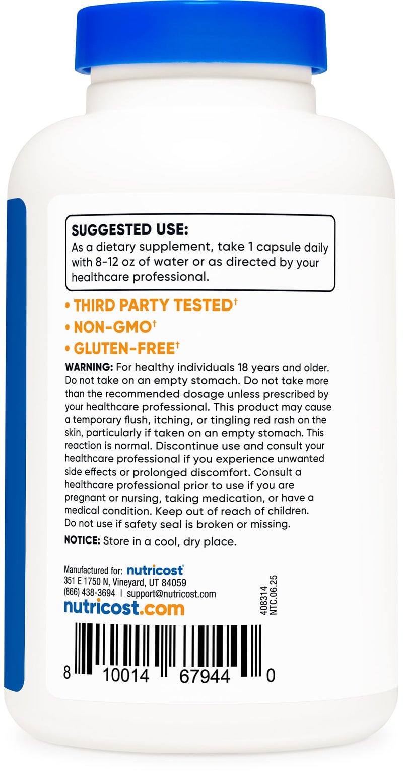 Nutricost Niacin (Vitamin B3) 500mg, 240 Capsules - with Flushing, Non-GMO, Gluten Free - Image 4