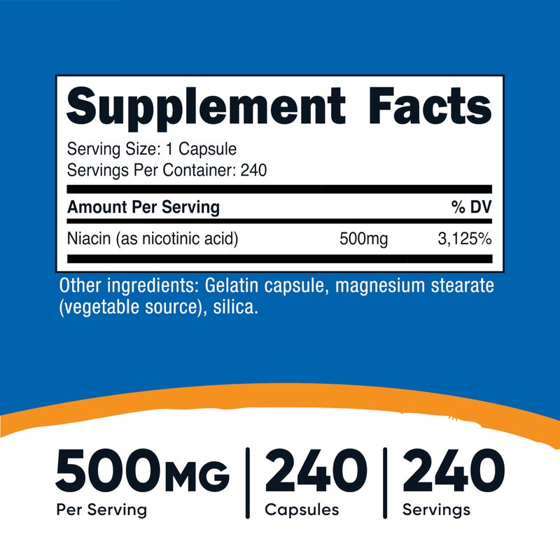 Nutricost Niacin (Vitamin B3) 500mg, 240 Capsules - with Flushing, Non-GMO, Gluten Free - Image 2