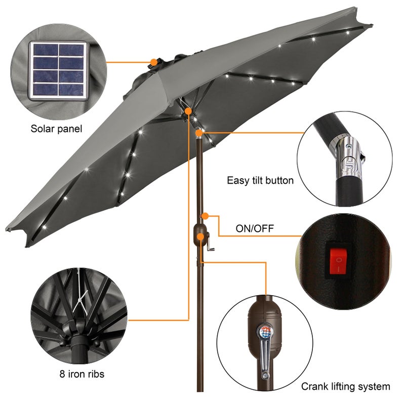 Blissun 9 ft Solar Umbrella, 32 LED Lighted Patio Umbrella, Table Market Umbrella, Outdoor Umbrella for Garden, Deck, Backyard, Pool and Beach (Grey) - Image 2