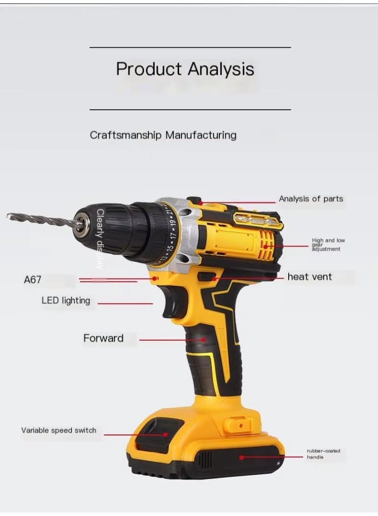 48V Professional Cordless Drill with Two Batteries and Full Case – Cordless Drill for Drilling, Disassembling, and Assembling Furniture – Multi-Speed ​​Power Tool with Bit and Screwdriver Set - Image 5