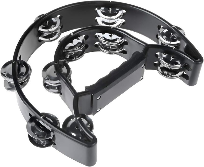 TENINYU Half Moon Musical Tambourine Double Row Metal Jingles Hand Held Percussion Drum Multicolor for KTV Party with Ergonomic Handle Grip (Black) - Image 2