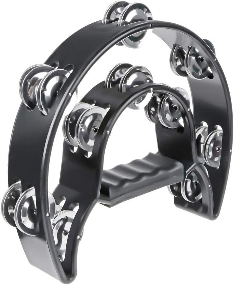 TENINYU Half Moon Musical Tambourine Double Row Metal Jingles Hand Held Percussion Drum Multicolor for KTV Party with Ergonomic Handle Grip (Black) - Image 1