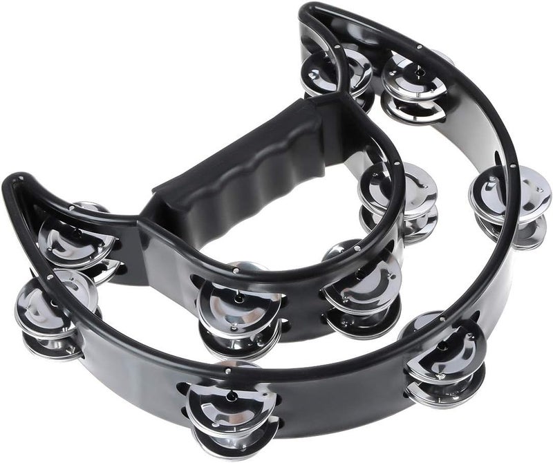 TENINYU Half Moon Musical Tambourine Double Row Metal Jingles Hand Held Percussion Drum Multicolor for KTV Party with Ergonomic Handle Grip (Black) - Image 3