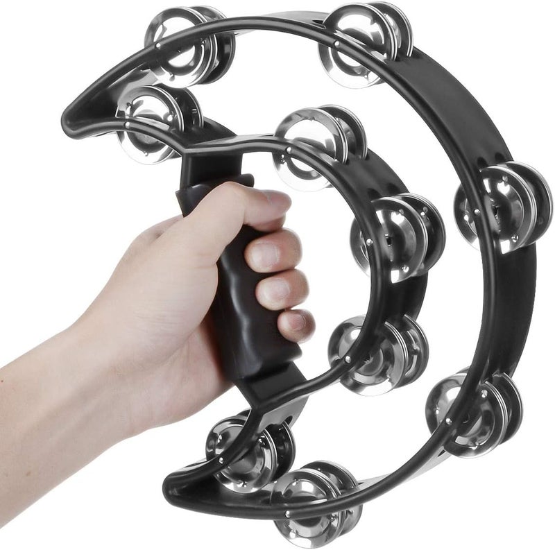 TENINYU Half Moon Musical Tambourine Double Row Metal Jingles Hand Held Percussion Drum Multicolor for KTV Party with Ergonomic Handle Grip (Black) - Image 4