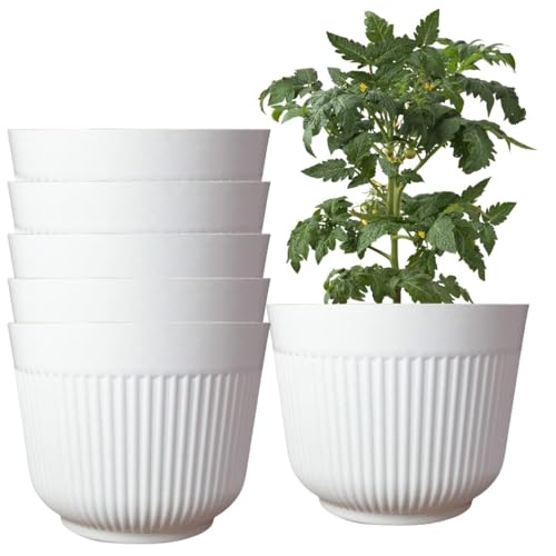 IMAGINEA 12 Inch Flower Pot Big Size Planters Plastic Durable Large Gamla Decorative Indoor Outdoor Gardening Pots for Home Terrace Lawn Balcony Nursery (White, Pack of 6) - Image 1