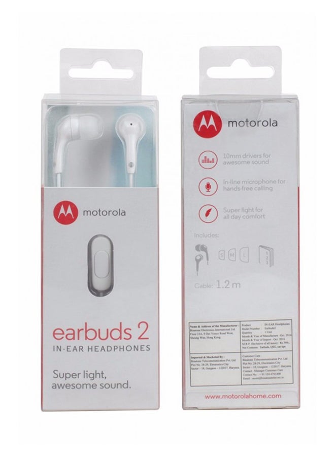 Motorola Earbuds 2 In-Ear Bass Wired Headset White - Image 3
