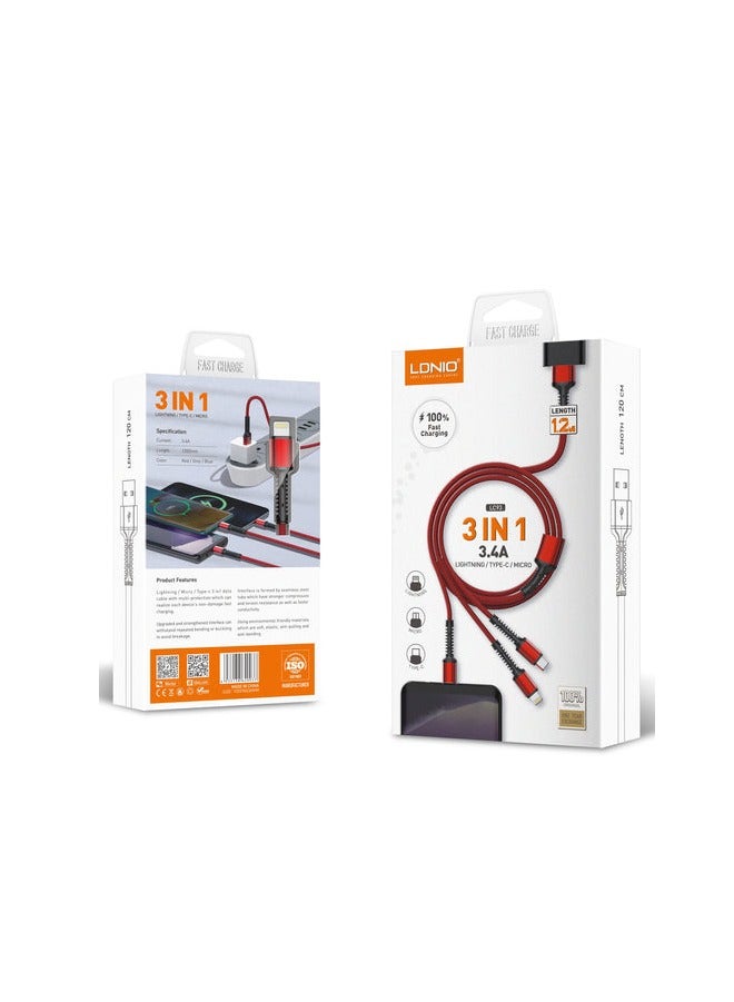 3 In 1 Fast Charge Cable Multicolour - Image 2