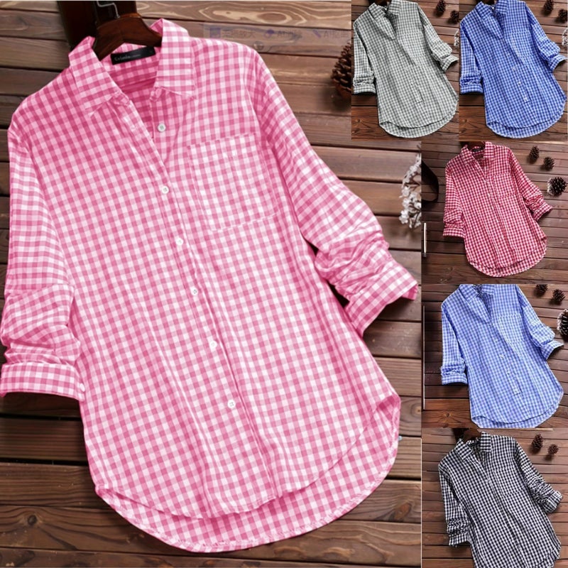 Loose Plaid Lapel Long Sleeve Retro Shirt - Image 1