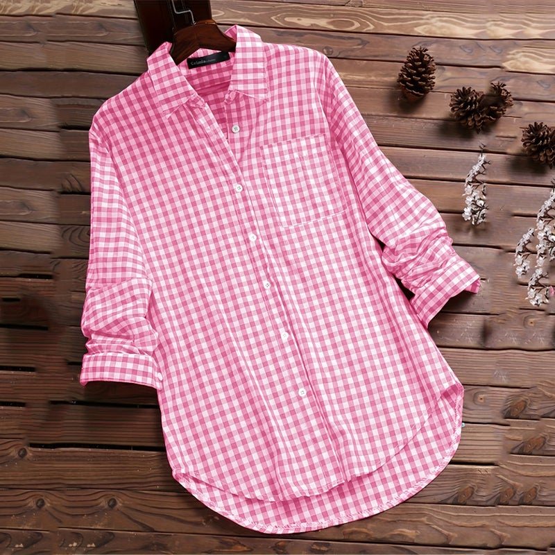 Loose Plaid Lapel Long Sleeve Retro Shirt - Image 2